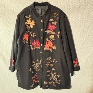 SilkLand Woman Sz 2X Black Jacket with Floral Embroidery Jacket Tunic Side Slits